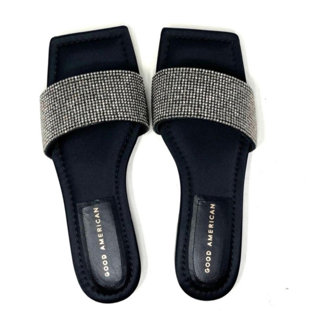 Good American size 9 black and silver gem strap dressy flats, New with box